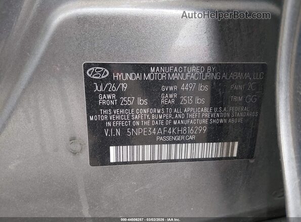 5NPE34AF4KH816299 2019 HYUNDAI SONATA White Vista del compartimento del motor