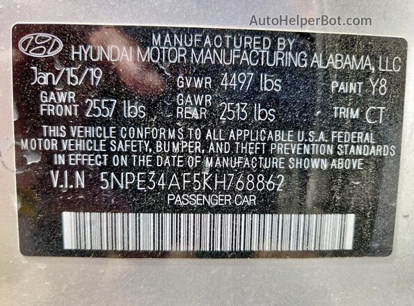 5NPE34AF5KH768862 2019 HYUNDAI SONATA Silver Engine compartment view