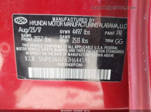5NPE34AF6JH644596 2018 HYUNDAI SONATA Красный Вид подкапотного пространства