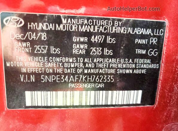 5NPE34AF7KH762335 2019 HYUNDAI SONATA Red Widok komory silnika