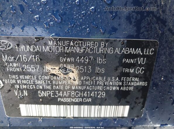 5NPE34AF8GH414129 2016 HYUNDAI SONATA Синий Вид подкапотного пространства
