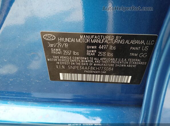 5NPE34AF8KH773084 2019 HYUNDAI SONATA Синий Вид подкапотного пространства