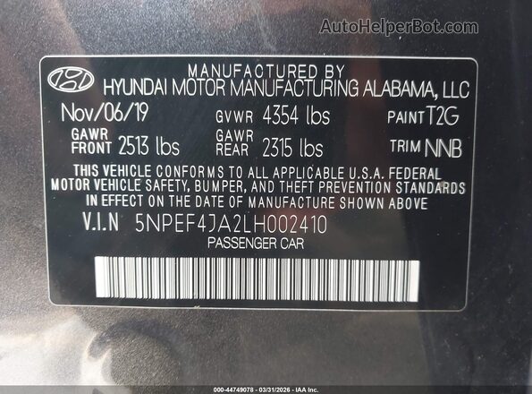 5NPEF4JA2LH002410 2020 HYUNDAI SONATA Серый Вид подкапотного пространства