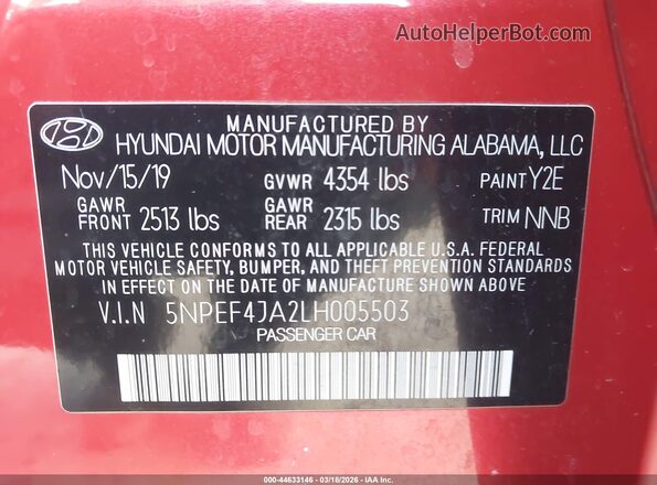 5NPEF4JA2LH005503 2020 HYUNDAI SONATA Red Vista del compartimento del motor