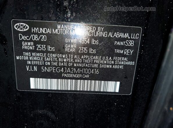 5NPEG4JA2MH100416 2021 HYUNDAI SONATA Черный Вид наклейки с VIN-кодом