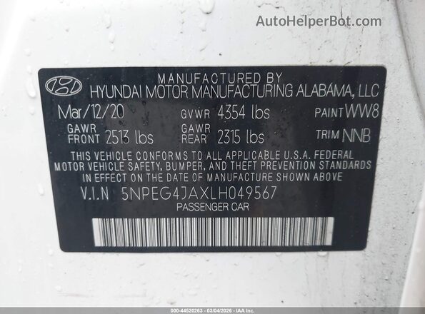 5NPEG4JAXLH049567 2020 HYUNDAI SONATA Белый Вид подкапотного пространства