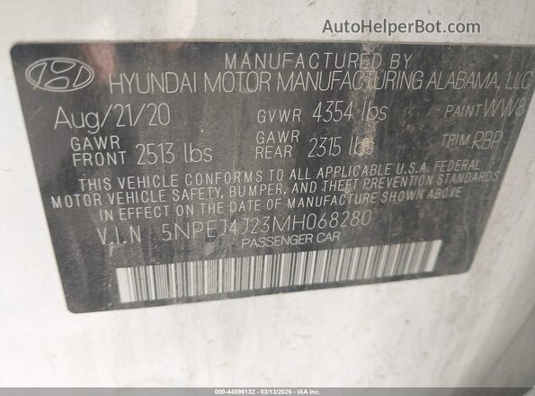 5NPEJ4J23MH068280 2021 HYUNDAI SONATA White Widok komory silnika