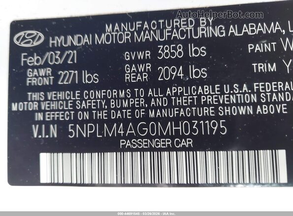 5NPLM4AG0MH031195 2021 HYUNDAI ELANTRA White Engine compartment view