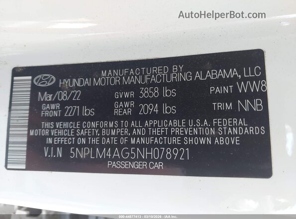5NPLM4AG5NH078921 2022 HYUNDAI ELANTRA White Widok komory silnika