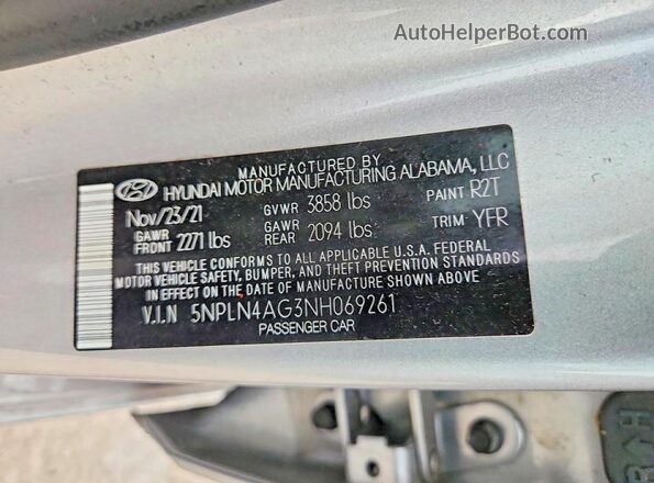 5NPLN4AG3NH069261 2022 HYUNDAI ELANTRA Серебряный Вид наклейки с VIN-кодом