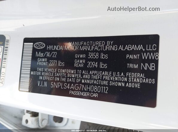 5NPLS4AG7NH080112 2022 HYUNDAI ELANTRA White Vista del compartimento del motor
