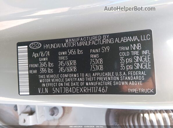 5NTJB4DEXRH117467 2024 HYUNDAI SANTA CRUZ Зеленый Вид подкапотного пространства