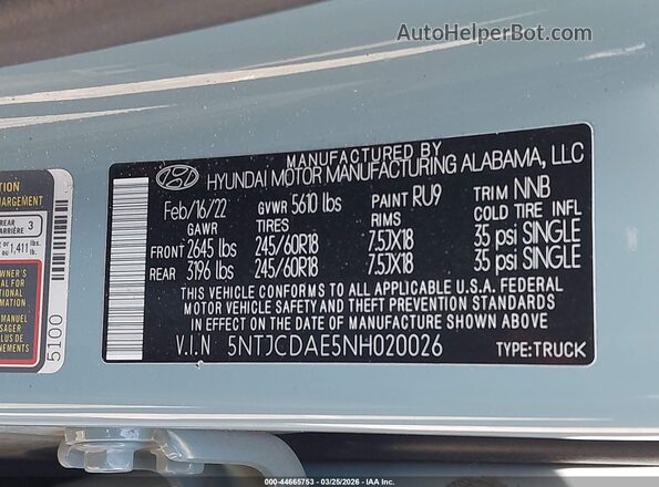 5NTJCDAE5NH020026 2022 HYUNDAI SANTA CRUZ Light Blue Vista del compartimento del motor