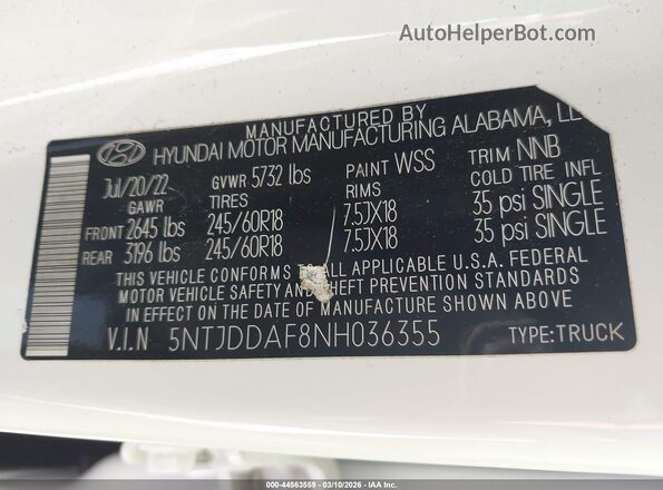 5NTJDDAF8NH036355 2022 HYUNDAI SANTA CRUZ White ძრავის განყოფილების ხედი