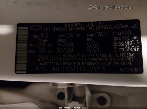 5NTJEDAF6NH026243 2022 HYUNDAI SANTA CRUZ White ძრავის განყოფილების ხედი