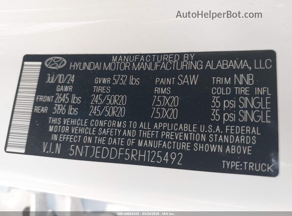 5NTJEDDF5RH125492 2024 HYUNDAI SANTA CRUZ White ძრავის განყოფილების ხედი
