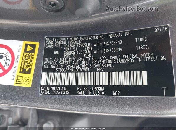 5TDDGRFH4JS050509 2018 TOYOTA LIMITED Gray ძრავის განყოფილების ხედი
