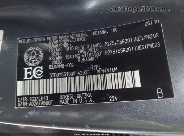 5TDDY5G18GS143923 2016 TOYOTA SEQUOIA Серый Вид подкапотного пространства