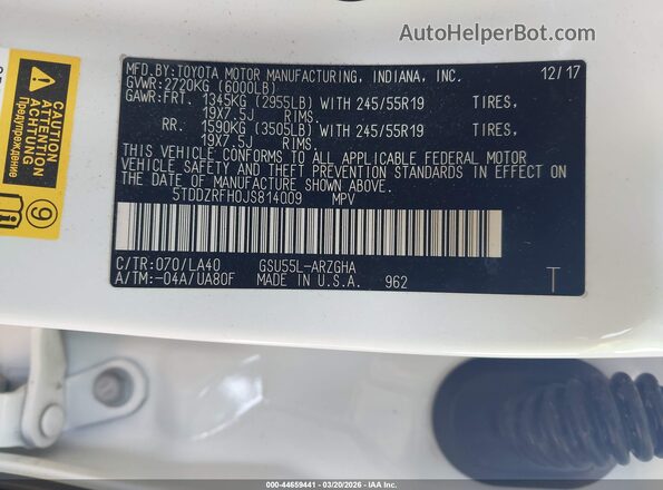 5TDDZRFH0JS814009 2018 TOYOTA LIMITED White Вид підкапотного простору