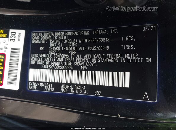 5TDESKFC0MS032270 2021 TOYOTA SIENNA Black Vista del compartimento del motor