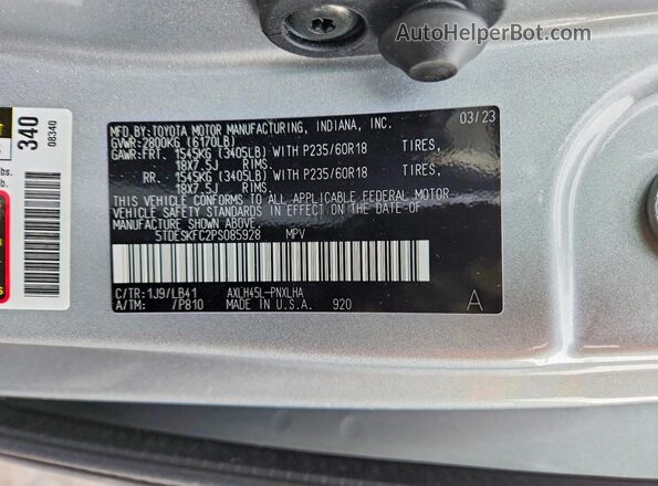 5TDESKFC2PS085928 2023 TOYOTA SIENNA Серебряный Вид наклейки с VIN-кодом