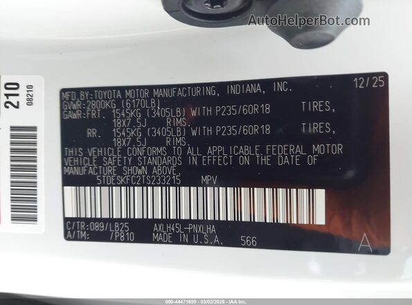 5TDESKFC2TS233215 2026 TOYOTA SIENNA White Widok komory silnika
