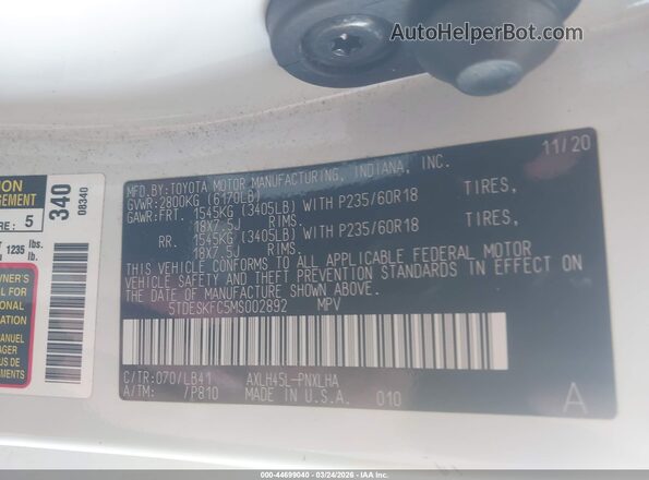 5TDESKFC5MS002892 2021 TOYOTA SIENNA White Engine compartment view