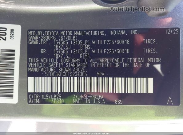 5TDESKFC8TS234305 2026 TOYOTA SIENNA Серый Вид подкапотного пространства