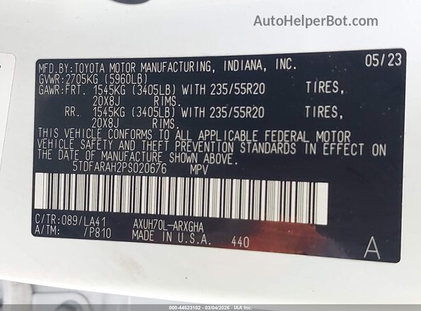 5TDFARAH2PS020676 2023 TOYOTA HIGHLANDER HYBRID White Engine compartment view