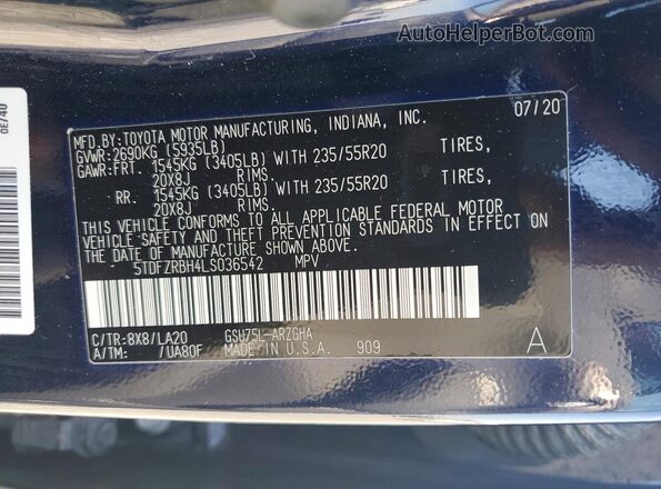 5TDFZRBH4LS036542 2020 TOYOTA HIGHLANDER Blue Vista de la etiqueta del VIN