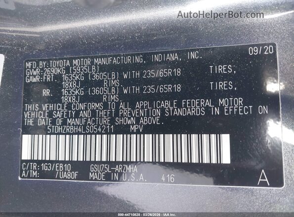 5TDHZRBH4LS054211 2020 TOYOTA LE Gray Вид підкапотного простору