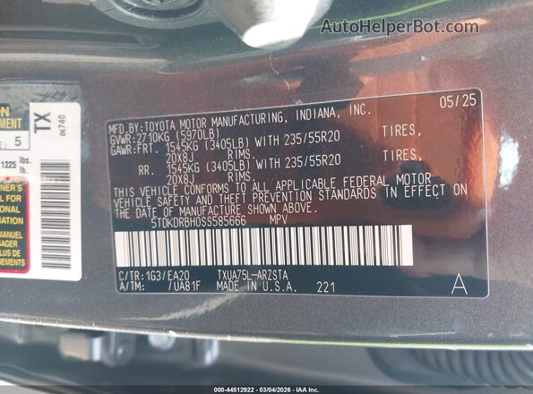 5TDKDRBH0SS585666 2025 TOYOTA HIGHLANDER Серый Вид подкапотного пространства