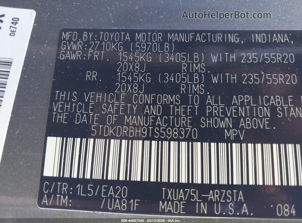 5TDKDRBH9TS598370 2026 TOYOTA HIGHLANDER Gray Widok komory silnika