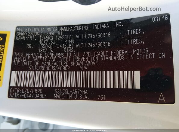 5TDKZRFH0JS540902 2018 TOYOTA LE White Vista del compartimento del motor