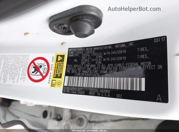 5TDKZRFH2HS512478 2017 TOYOTA HIGHLANDER Белый Вид подкапотного пространства