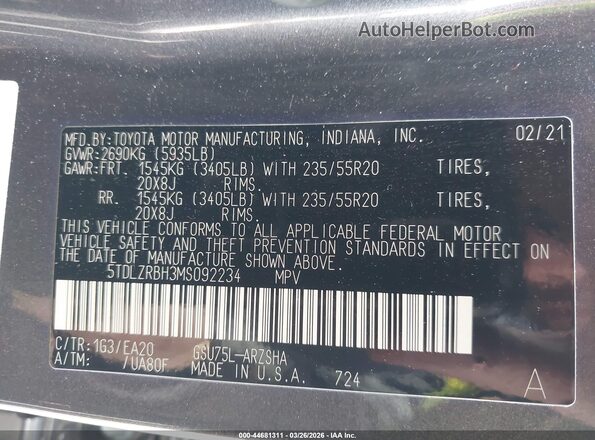 5TDLZRBH3MS092234 2021 TOYOTA HIGHLANDER Серый Вид подкапотного пространства