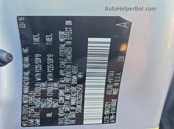 5TDXK3DC2GS725458 2016 TOYOTA SIENNA Silver Widok naklejki z numerem VIN