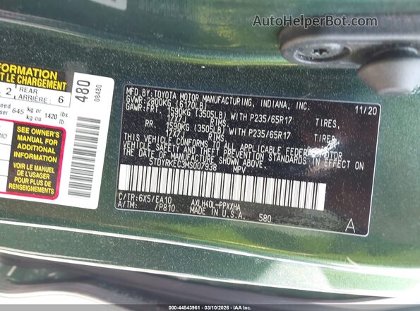 5TDYRKEC3MS007938 2021 TOYOTA LE Green Widok komory silnika
