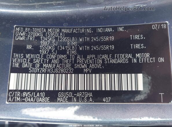 5TDYZRFH3JS280232 2018 TOYOTA LIMITED Blue Engine compartment view