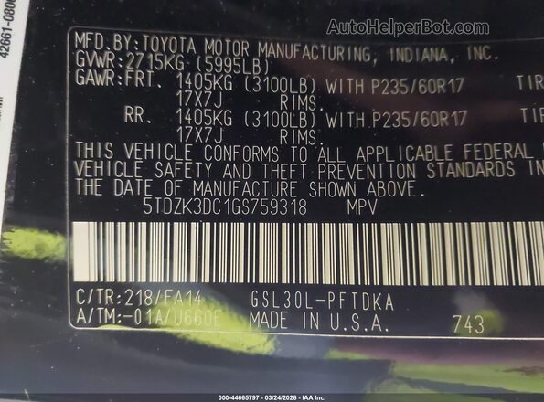 5TDZK3DC1GS759318 2016 TOYOTA SIENNA Черный Вид подкапотного пространства
