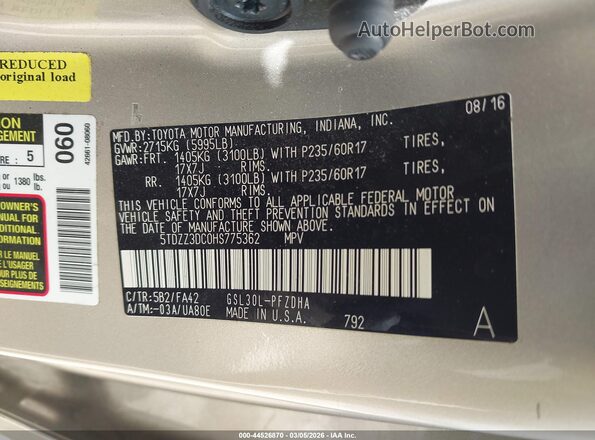 5TDZZ3DC0HS775362 2017 TOYOTA SIENNA Бежевый Вид подкапотного пространства