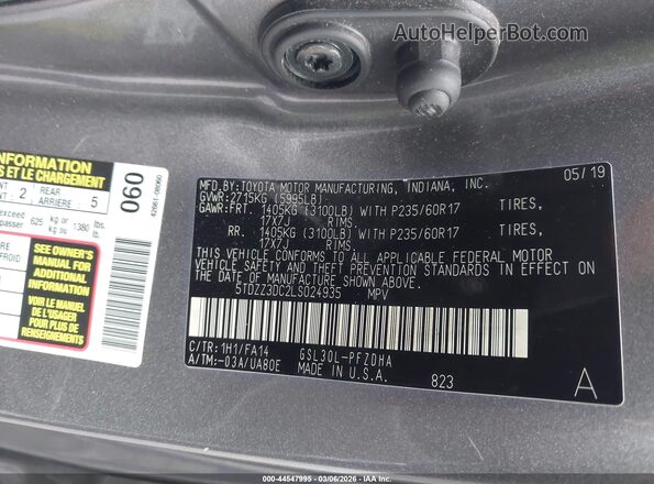 5TDZZ3DC2LS024935 2020 TOYOTA SIENNA Gray ძრავის განყოფილების ხედი
