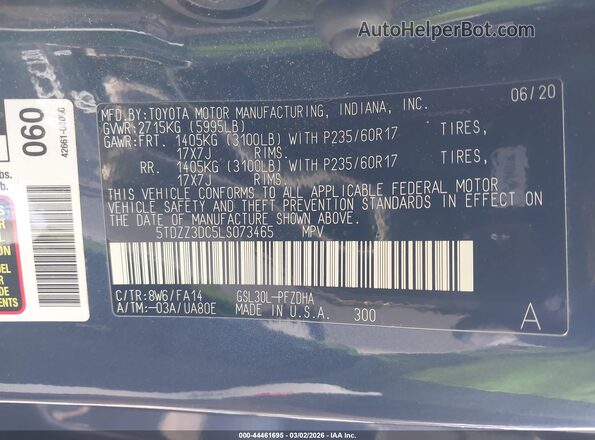 5TDZZ3DC5LS073465 2020 TOYOTA SIENNA Blue Вид підкапотного простору