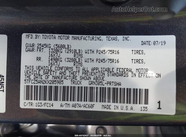 5TFCZ5AN2KX205985 2019 TOYOTA TACOMA Black Vista del compartimento del motor