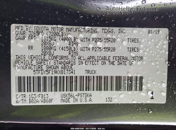 5TFDY5F19KX817341 2019 TOYOTA TUNDRA Gray Շարժիչի բաժամունքի տեսք