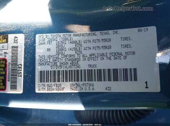 5TFDY5F1XLX877341 2020 TOYOTA TUNDRA Blue Շարժիչի բաժամունքի տեսք