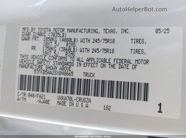 5TFKB5AA2SX048665 2025 TOYOTA TUNDRA Белый Вид подкапотного пространства