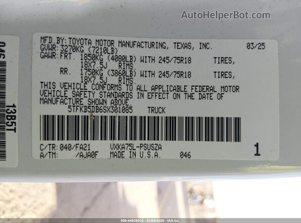 5TFKB5DB6SX301085 2025 TOYOTA TUNDRA Белый Вид подкапотного пространства