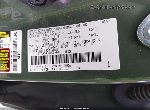 5TFLA5AB2NX009448 2022 TOYOTA TUNDRA Green Vista del compartimento del motor