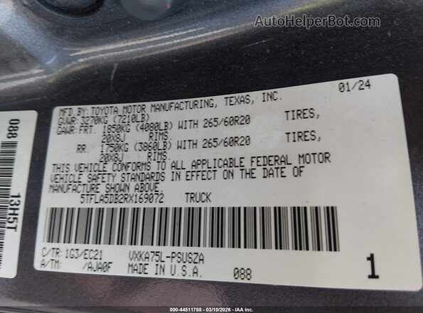 5TFLA5DB2RX169072 2024 TOYOTA TUNDRA Серый Вид подкапотного пространства
